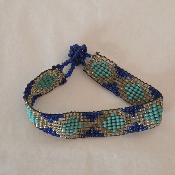 2 Boho Seed Bead Bracelets Cobalt Blue Turquoise Colors - Picture 2 of 11